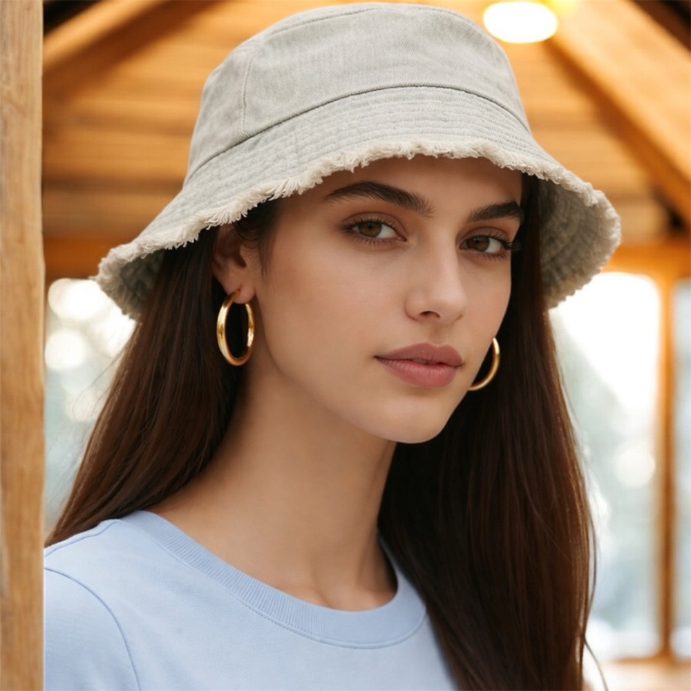 Free | Stylish Frayed Edge Light Denim Bucket Hat - Picture 5 of 13